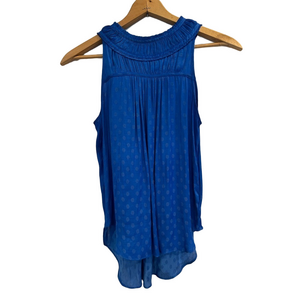 Maeve by Anthropologie Blue Pleated Sleeveless High Neck Blouse Polkq Dot